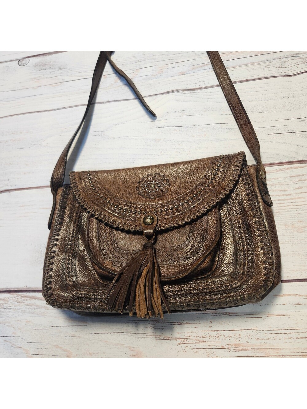 Patricia Nash Brown Leather Crossbody Shoulder Bag with Tassel